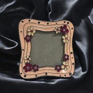 Vintage PINK ENAMEL & CRYSTALS Metal Square Picture Frame 3.5 x 3.5 picture